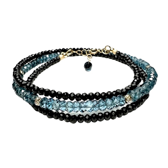 Solid 14k Gold Natural Black Spinel London Blue Topaz Wrap Bracelet | Necklace - Picture 5 of 12